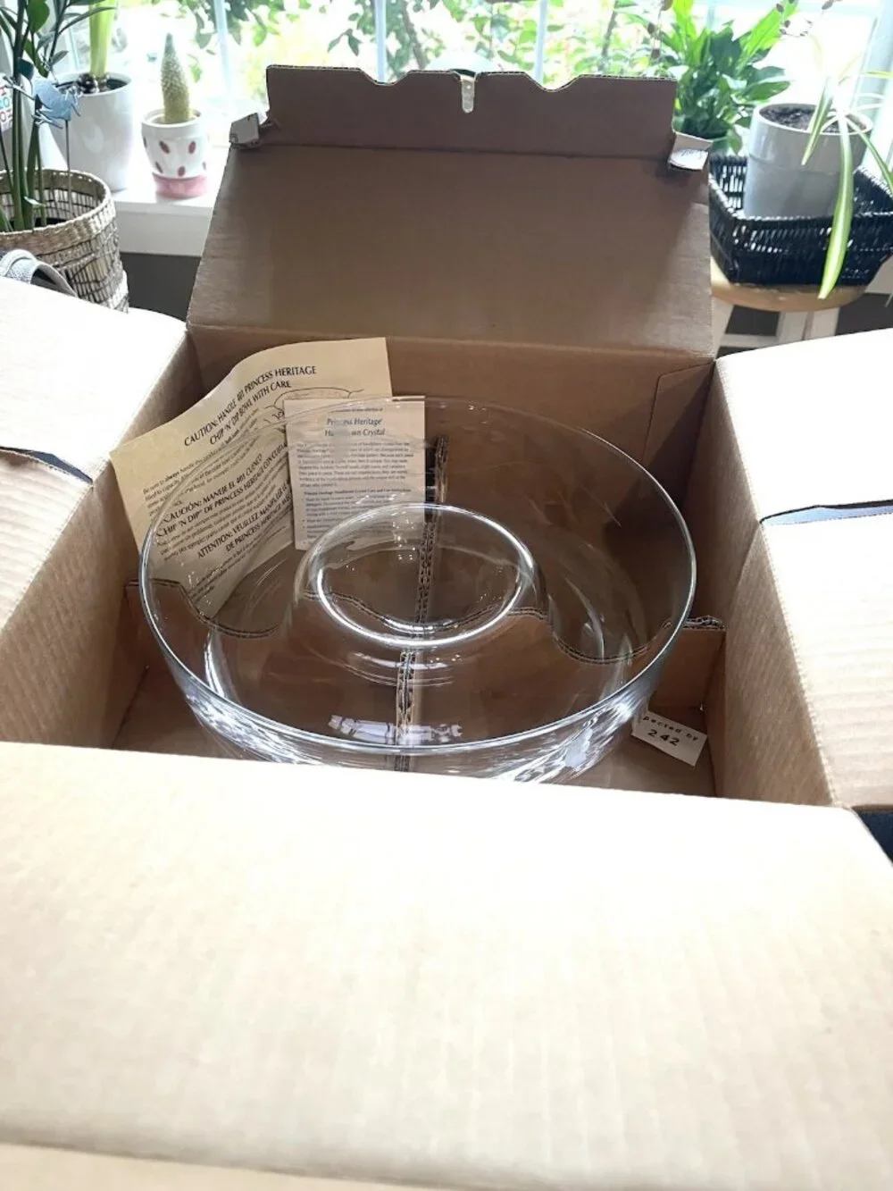 Large Etched Crystal Serving Bowl w Dip Well Veggies Chips Fruit 11.5” Elegant